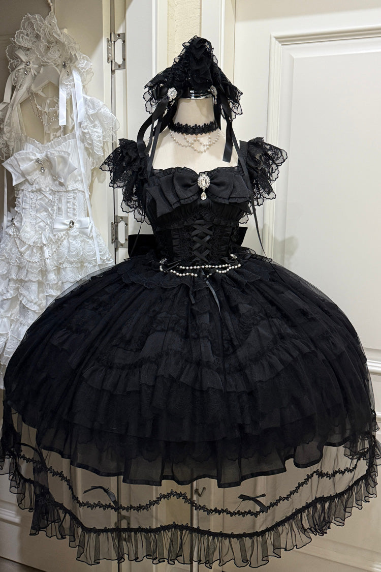 Gothic Lolita JSK Dress with Hanayome Ruffles and Lace-Up Back in Black