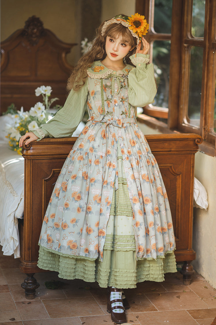 Emerald Sleeveless Sunflower Ruffle Bow Sweet Lolita Jumper Dress