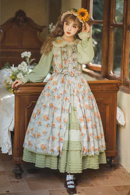 Emerald Sleeveless Sunflower Ruffle Bow Sweet Lolita Jumper Dress