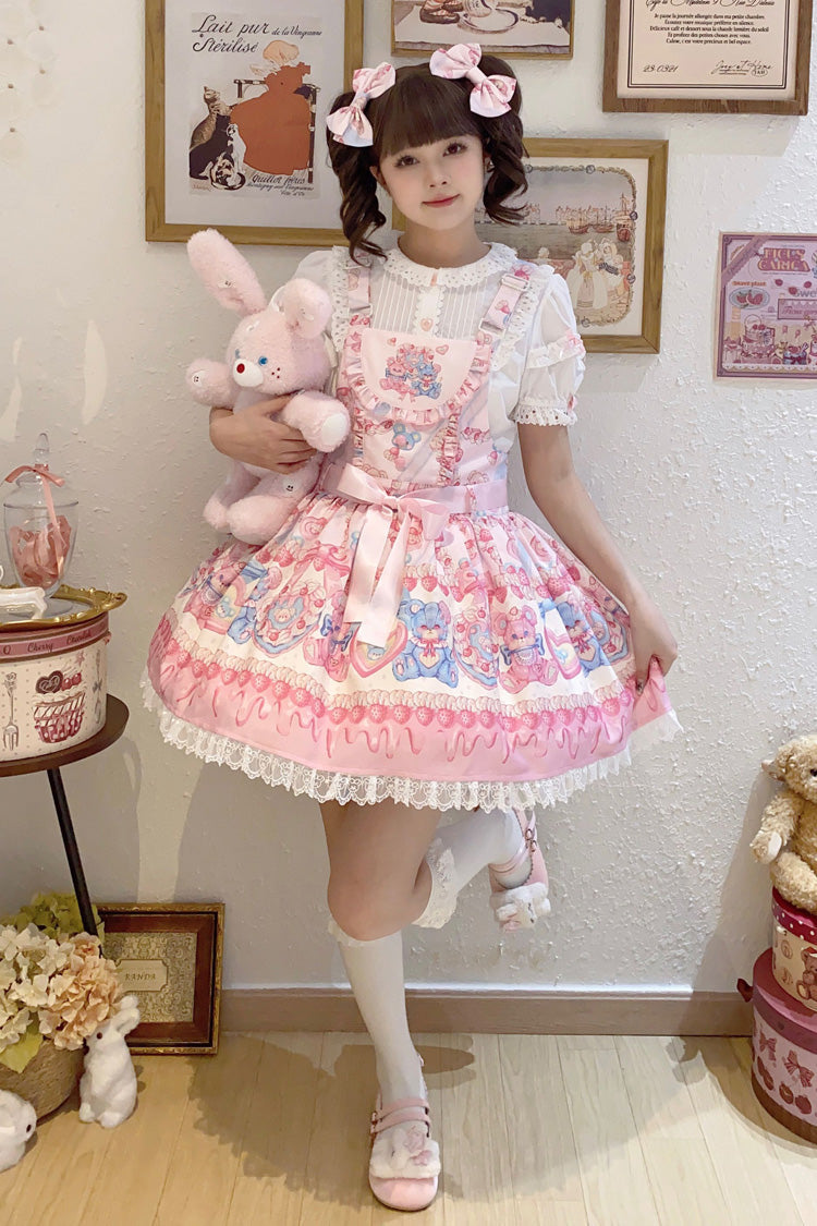 Berry Bear Print Pink Bow Stitched Lace Lolita Strap Dress