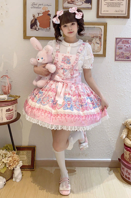 Berry Bear Print Pink Bow Stitched Lace Lolita Strap Dress