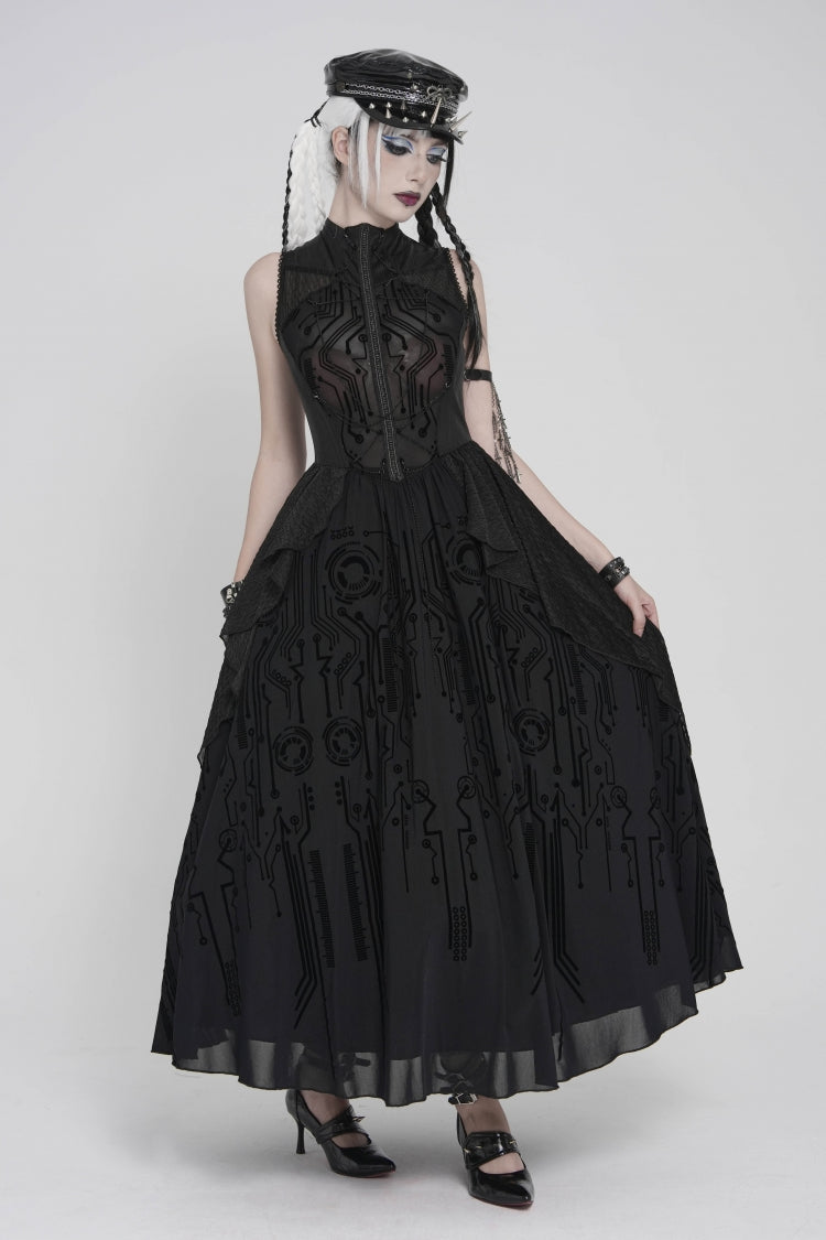 Gorgeous Black Punk Dress for Women, Layered Print with Sheer Fabric