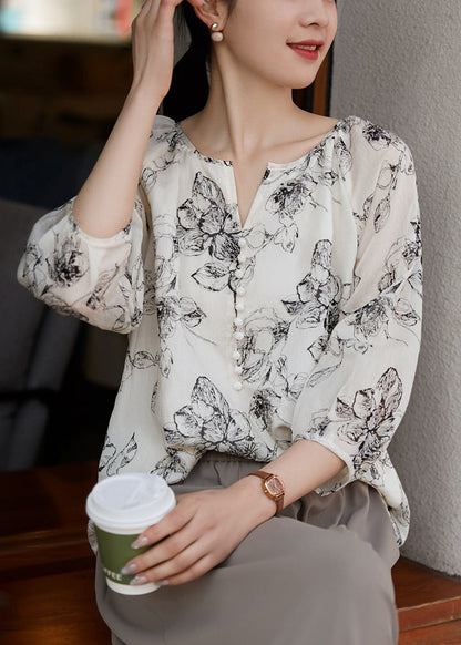 White Boho Oversized Shirts Sleeve Bracelet Cotton Print