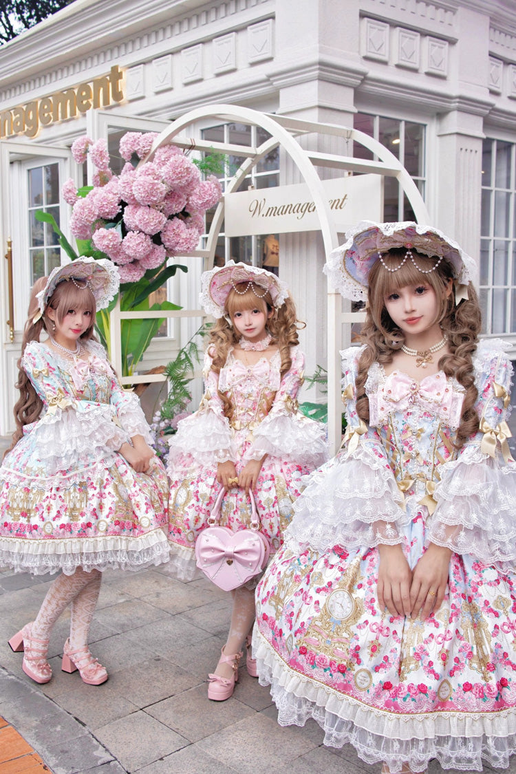 Square Collar Long Trumpet Sleeve Printed Ruffled Bow Lace-Up Sweet Lolita Dress in Mint Green/Pink - Rose Garden Prelude