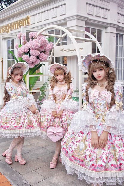 Square Collar Long Trumpet Sleeve Printed Ruffled Bow Lace-Up Sweet Lolita Dress in Mint Green/Pink - Rose Garden Prelude