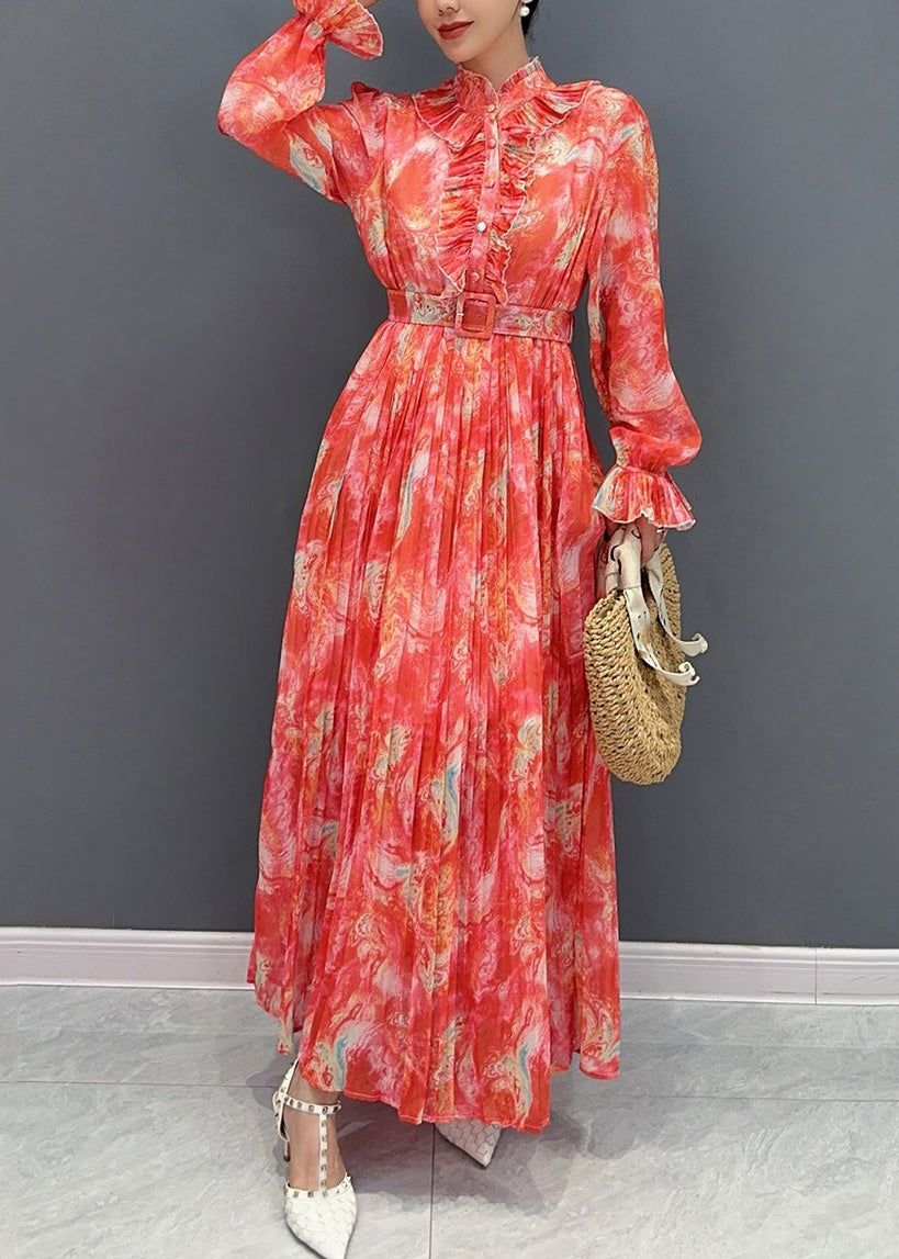 Collar Print Fashion Long Stand Chiffon Sashes Dress Red