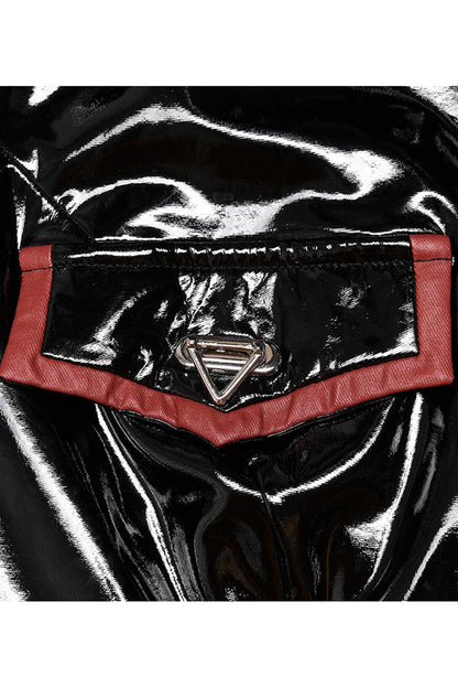 Crimson & Charcoal Patent Leather Lapel Pleated Slim Faux Leather Long Sleeve Punk Jacket