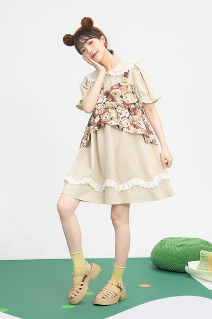 Sweet Lolita Frocks with Doll Collar, Bear Print & Faux Two-Piece Design