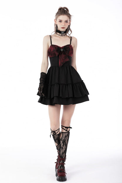 Crimson & Obsidian Sleeveless Bowknot Lace-Up Double-Layered Frilly Gothic Slip Graduation Dress