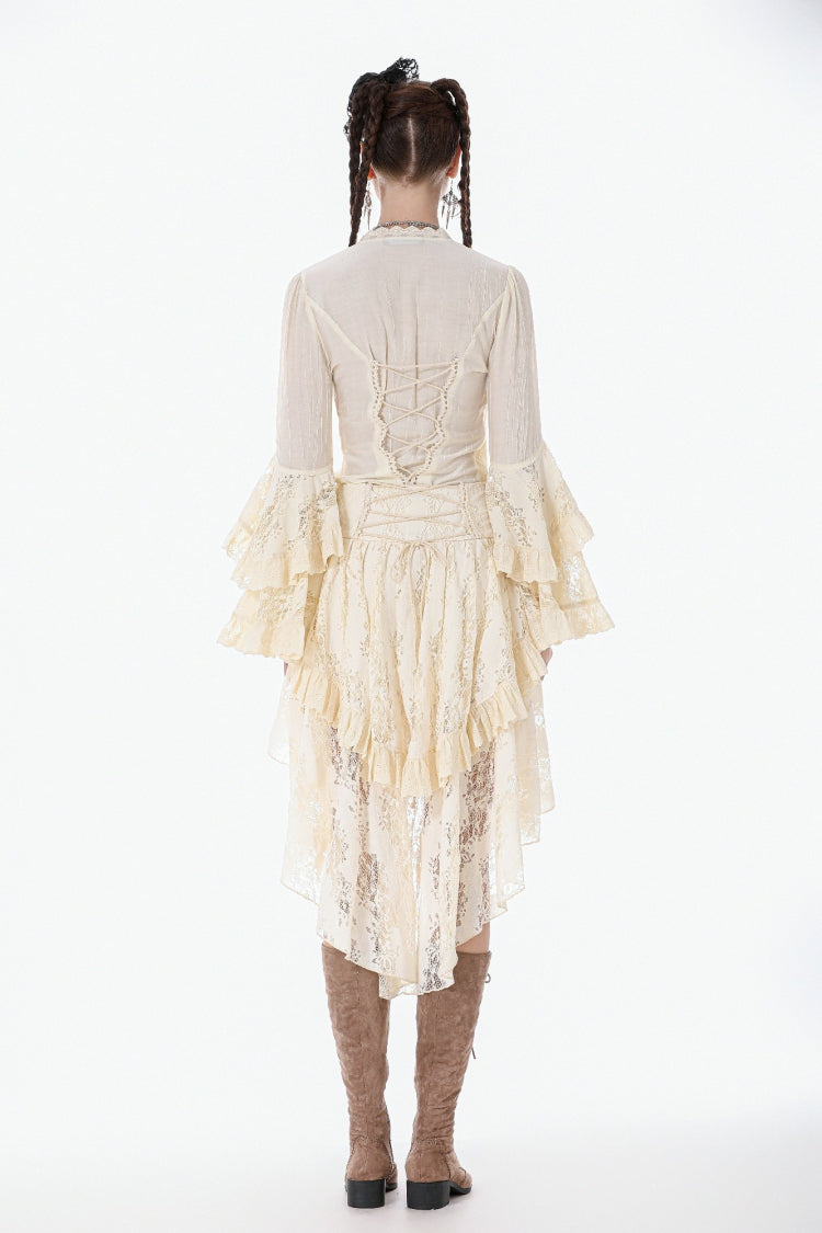 Steampunk Women's Blouse with Trumpet Sleeves & Layered Lace-Up in Cream