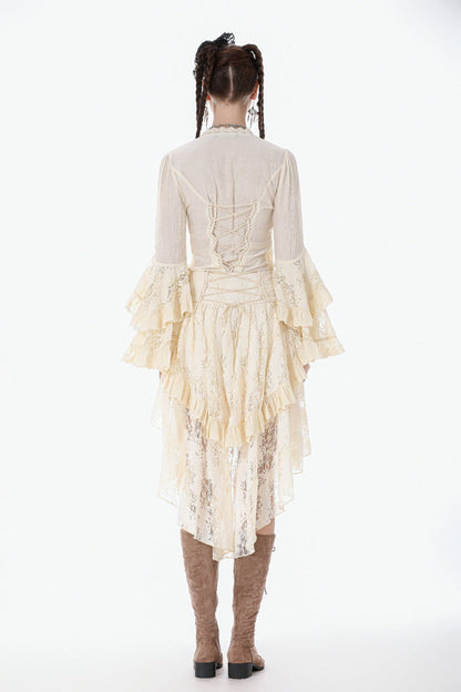 Steampunk Women's Blouse with Trumpet Sleeves & Layered Lace-Up in Cream