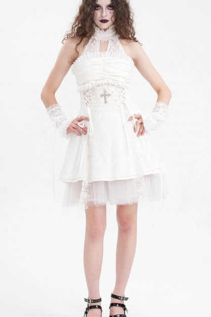 Ivory Bow Lace-Up Mesh Eyelet Gothic Palace Arm Sleeves