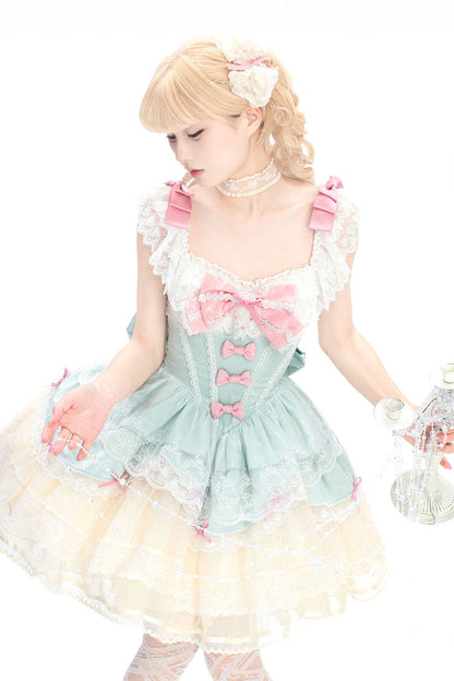 Sleeveless Ruffle Bowknot Lace Sweet Elegant Ballet Lolita JSK Dress in Mint Green Parfait Romance