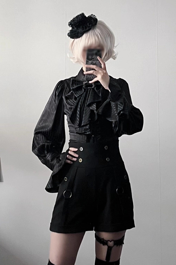Lapel Collar Long Sleeve Striped Print Ruffle Ouji Gothic Blouse