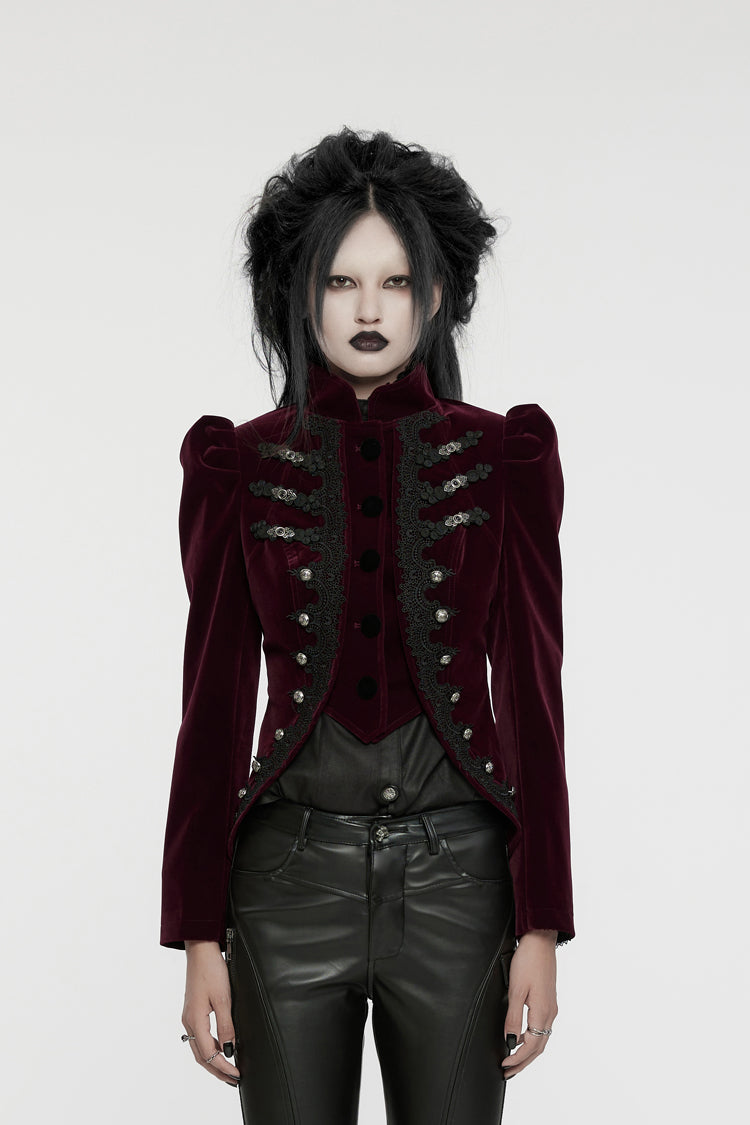 Crimson High-Neck Gothic Swallowtail Coat for Women