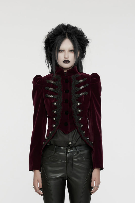Crimson High-Neck Gothic Swallowtail Coat for Women