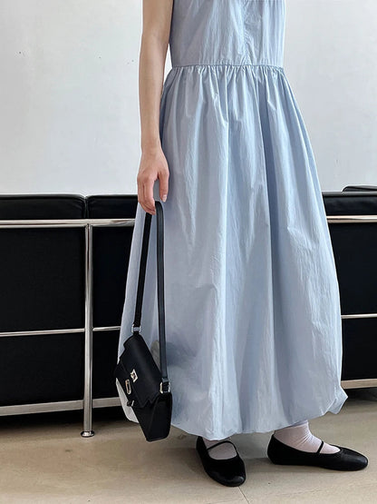 Patchwork O-neck Dress Simple Sleeveless Blue Puff Hem