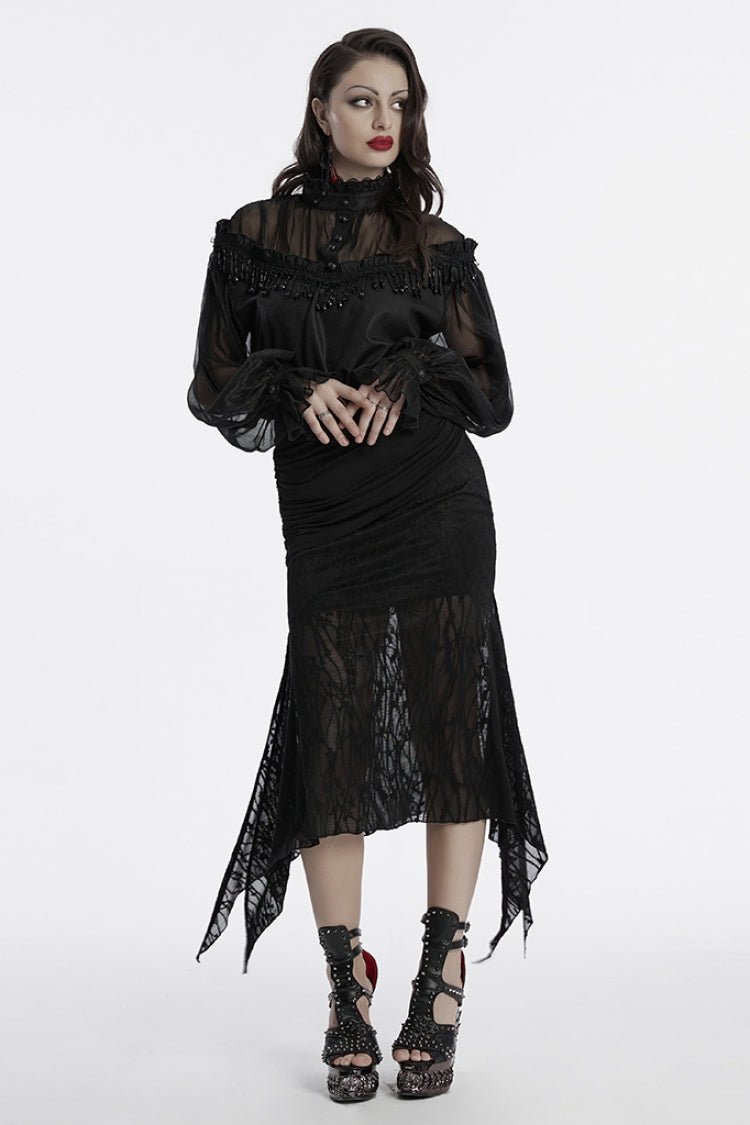 Sheer Mesh Gothic Blouse - Women's Ruffled Long-Sleeve