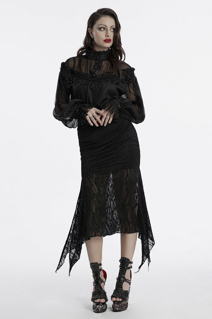 Sheer Mesh Gothic Blouse - Women's Ruffled Long-Sleeve