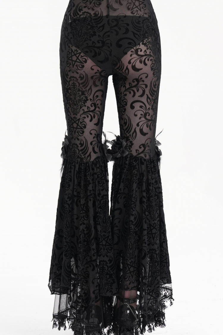 Tasseled Sheer Mesh Lace Embroidered Gothic Pants for Women