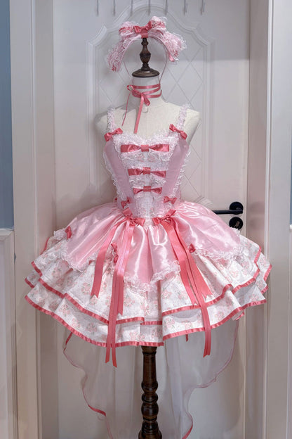 Blush Square Neck Triple-Tier Polka Dot Ruffle Bow Lace JSK - Jasmine Rain