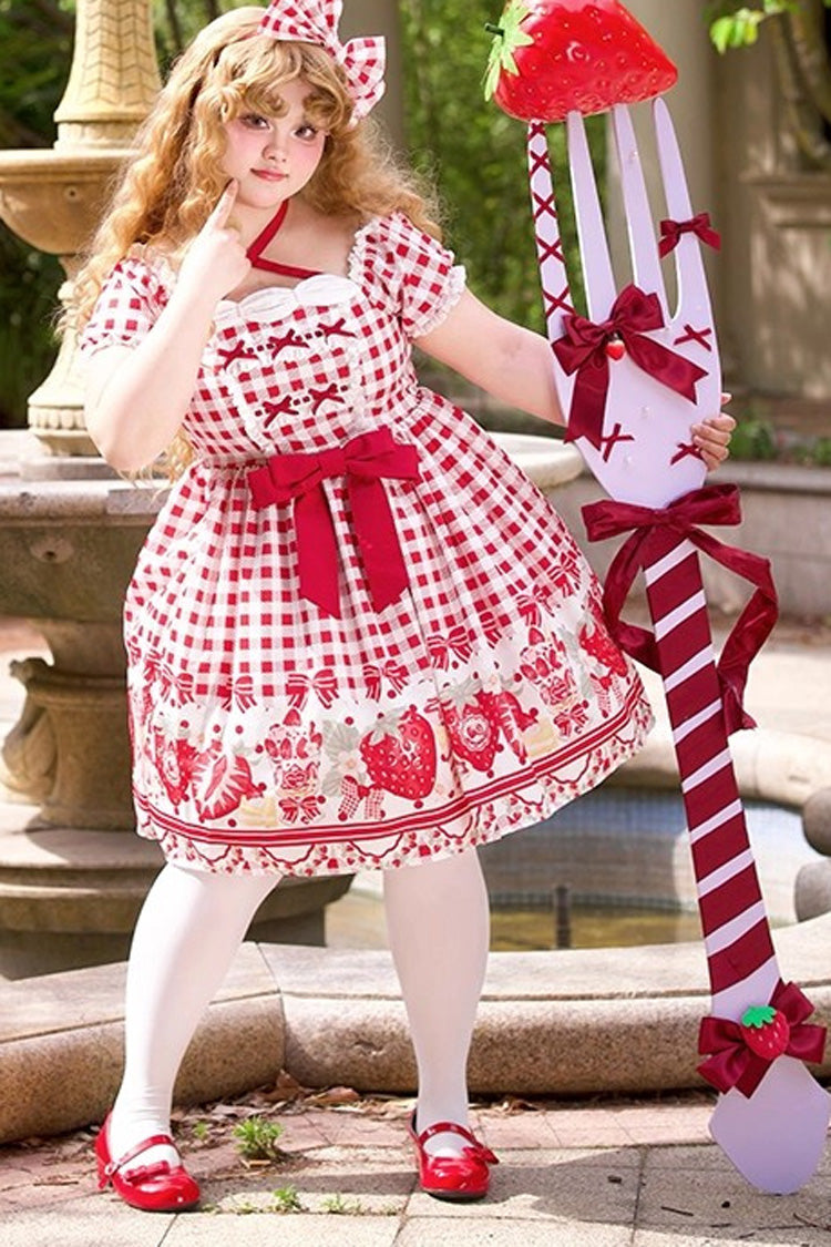 Crimson Sweet Plus Size Lolita Dress with Strawberry Plaid and Bow