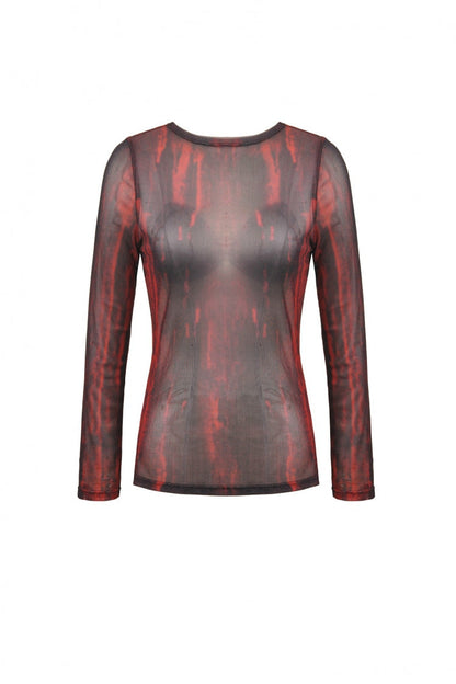 Crimson & Obsidian Round Collar Long Sleeves Sheer Mesh Tie-Dyed Versatile Basic Top