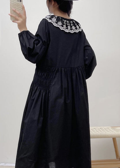 Loose Black Embroidered Lace Up Cotton Dress Spring NN017