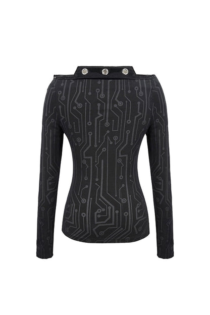 Circuit Pattern Off-Shoulder Rivet Tight T-Shirt for Women