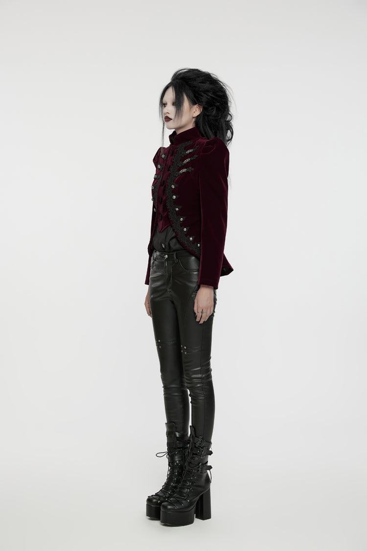 Crimson High-Neck Gothic Swallowtail Coat for Women