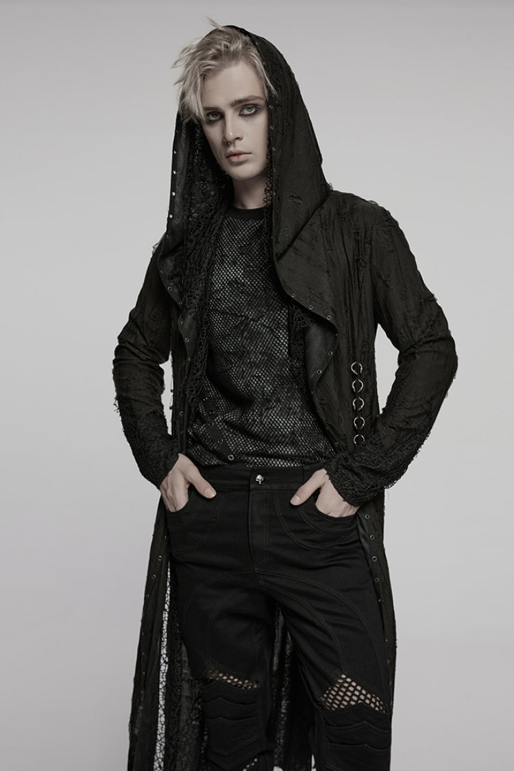 Ebony Long-Sleeve Irregular Hooded Sheer Ripped Men's Gothic Coat