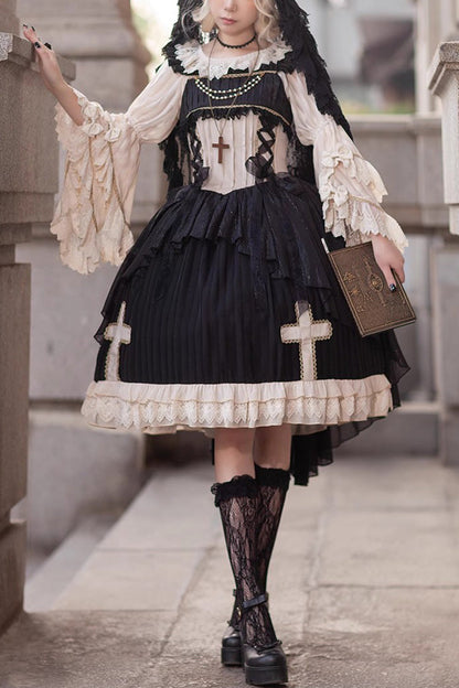 Gothic Lolita Dress with Cross Embroidery, Ruffle and Eternal Life Song Print