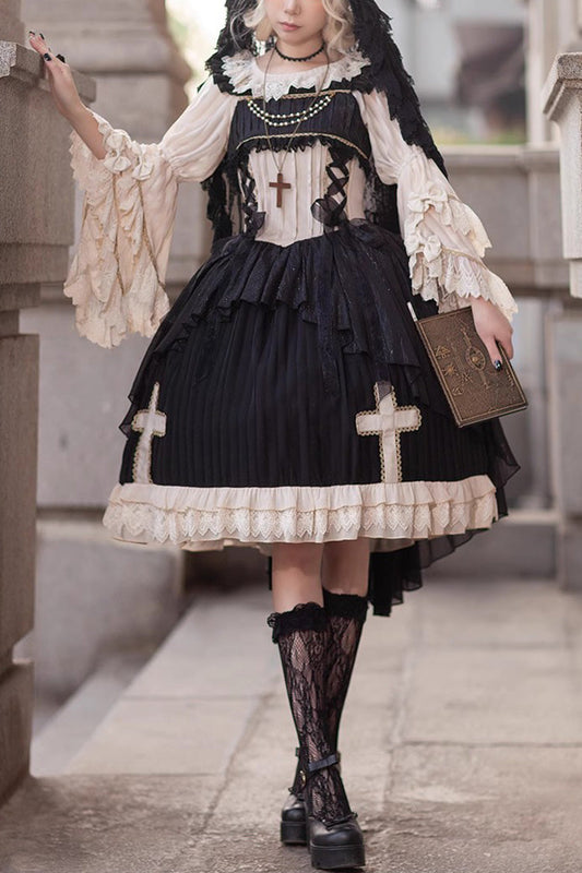 Gothic Lolita Dress with Cross Embroidery, Ruffle and Eternal Life Song Print