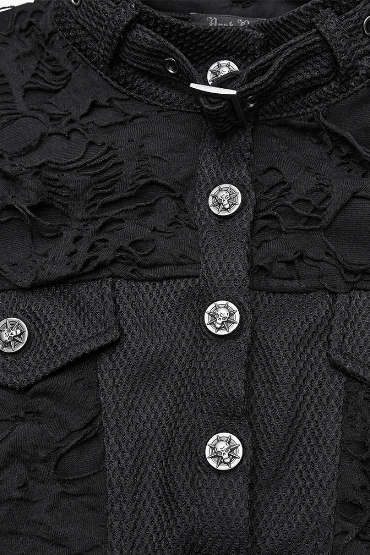 Women's Black Punk Short Vest, Ripped with Buckle Details