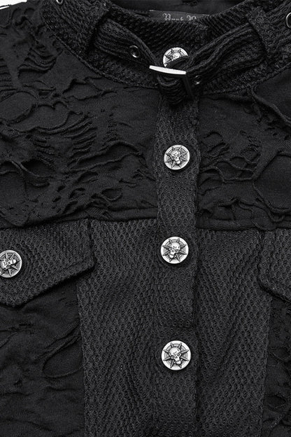Women's Black Punk Short Vest, Ripped with Buckle Details