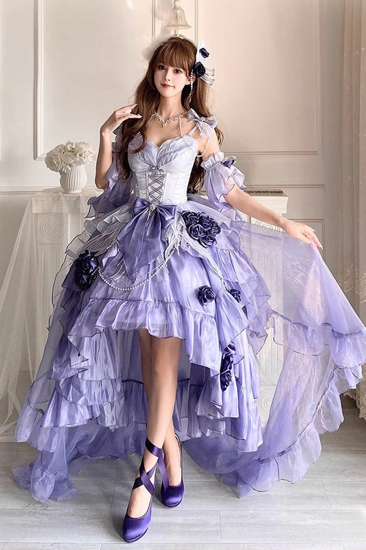 Irregular Sweet Ballet Lolita JSK Dress with Embroidery Bowknot Lace-Up in Misty Purple Swan Wonderland