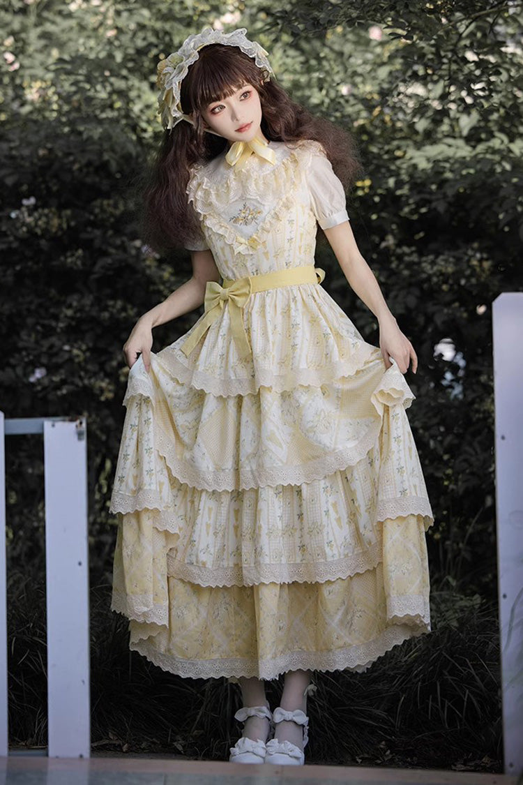 Multi-Layer Sunflower Print Ruffle Embroidery Chinese Sweet JSK