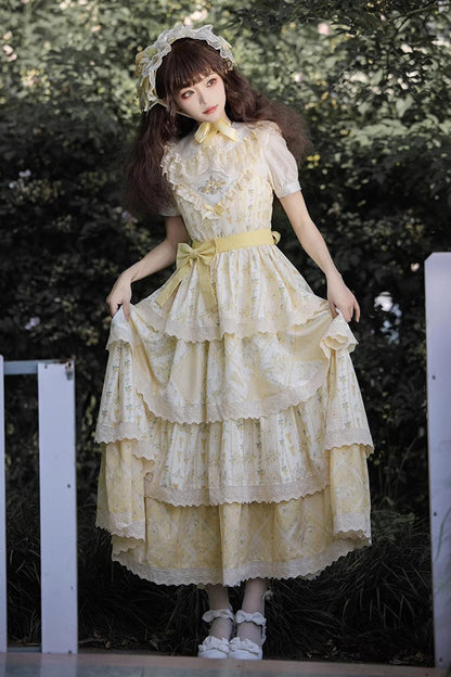 Multi-Layer Sunflower Print Ruffle Embroidery Chinese Sweet JSK