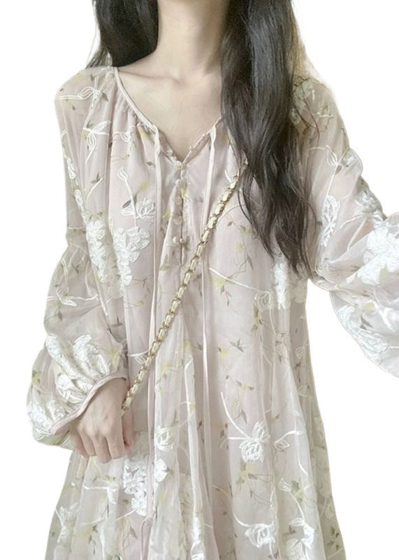 Chic Apricot V Neck Embroidered Silk Mid Dress Lantern Sleeve NN039