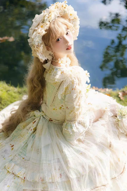 Emerald Daisy Lapel Half-Sleeve Layered Bow Lace Plus-Size Princess Dress