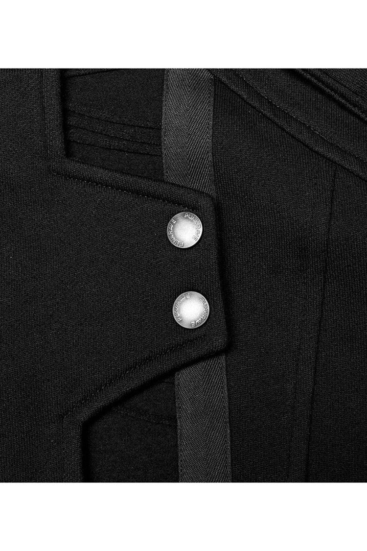 Noir High-Collar Knit Coat with Metal Shoulder Straps