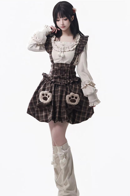 Fluffy Bear Plaid Ruffle Bow Sweet Lolita Strap Dress