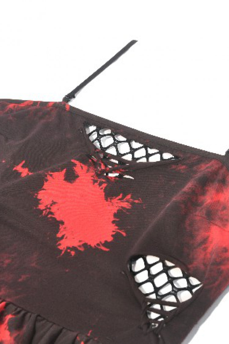 Crimson & Obsidian Sleeveless Irregular Mesh Tie Dye Punk Slip Dress