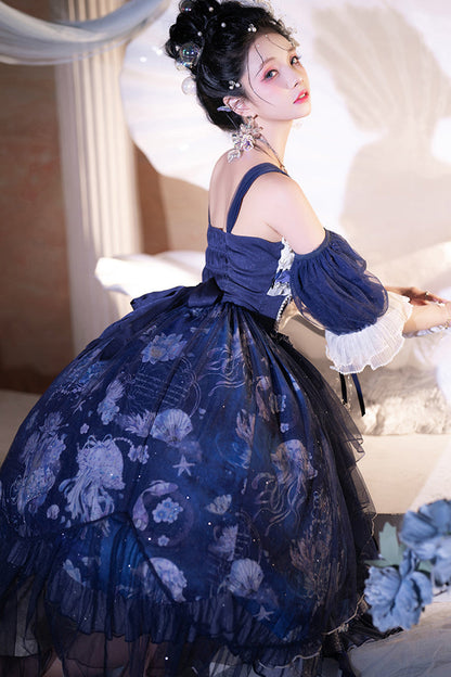 Azure Deep Sea Jellyfish Print Ruffle Lace Sweet Elegant Lolita Jumper Dress