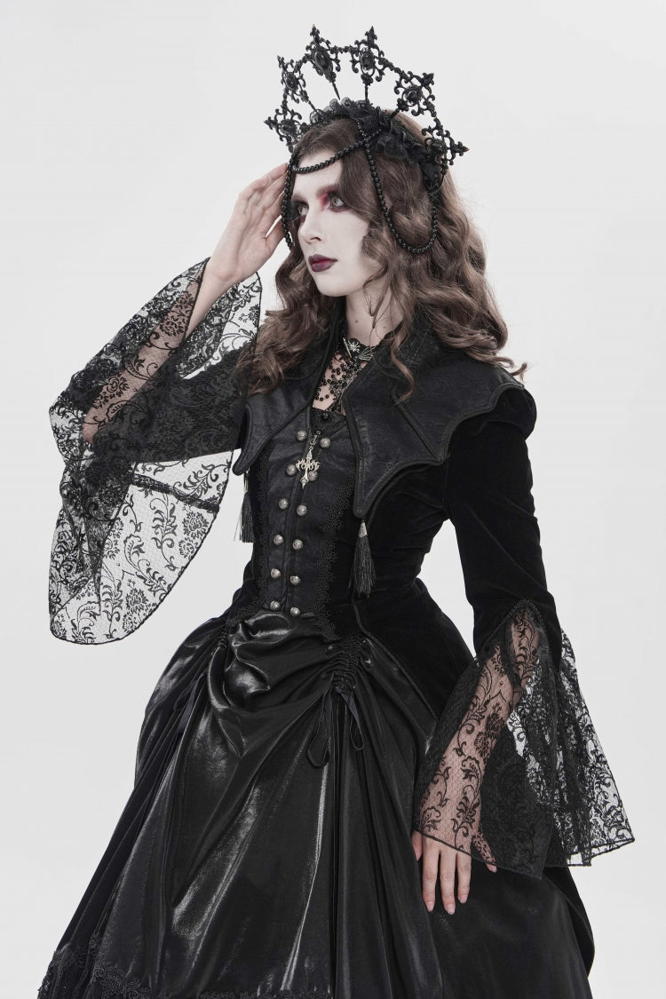 Ebony Flared-Sleeve Embroidered Lace Fitted Zip Gothic Batwing Jacket