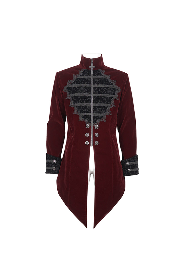 Crimson High-Neck Gothic Coat with Lace Panels and Swallowtail Back
