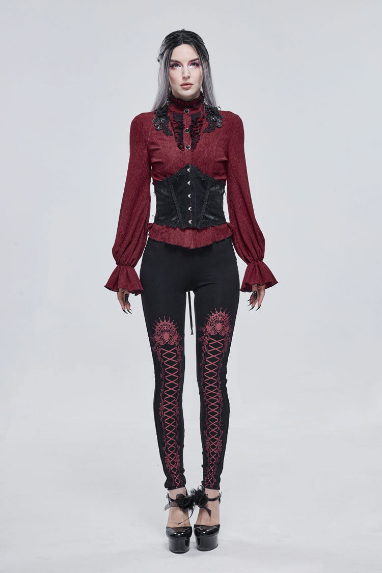 Crimson & Charcoal Printed Tie-Strap Adjustable Goth Leggings