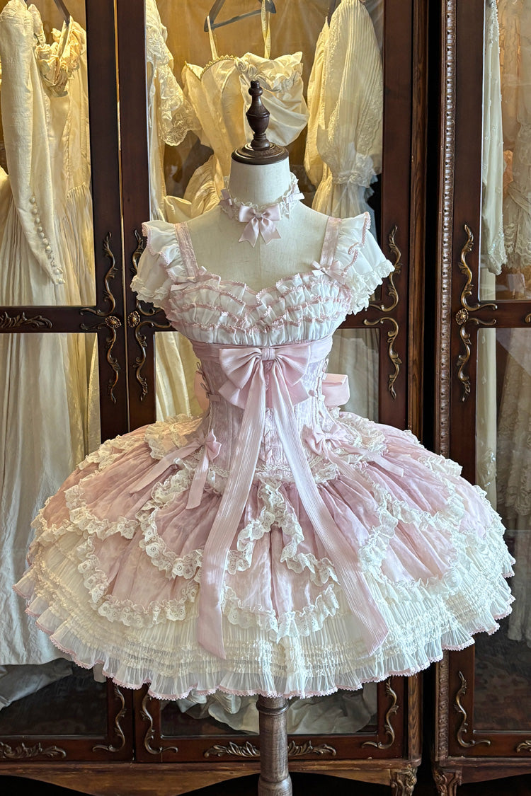 Blush Layered Ruffled Bow Lace-Up JSK with Embroidery