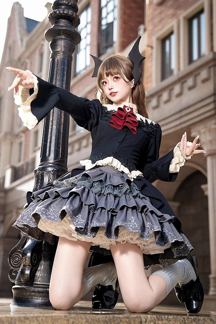 Gothic Princess Lolita Top and Skirt Set with Multi-Layered Ruffle in Black