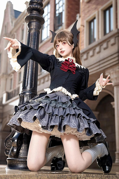Gothic Princess Lolita Top and Skirt Set with Multi-Layered Ruffle in Black